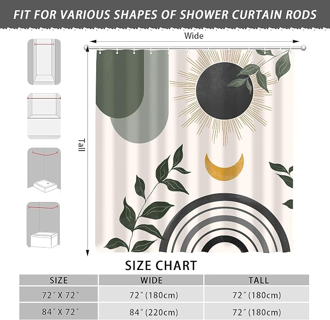 Mid Century Abstract Boho Aesthetic Shower Curtain Set, Gray Nature Leaf Sun Modern Minimalist Home Bathroom Curtain Decor with 12 Hooks 84 Inch Wide * 72 Inch High Grey