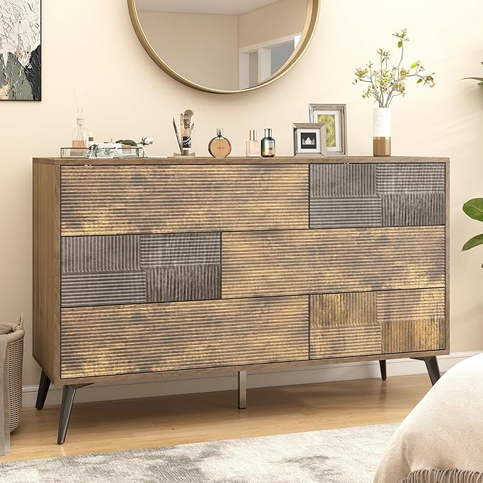 Hadulcet Fluted 6 Drawer Dresser for Bedroom, Modern Chest of Drawers with Push to Open Storage Organizer for Closet, 47” Handleless Wood Dresser TV Stand for Living Room, Entryway Nursery, Dark Wood