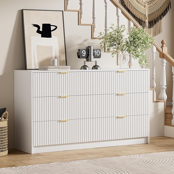 White Dresser for Bedroom, Modern Dresser with 6 Drawers and Smooth Slides, Wide Chest of Drawers with Golden Handles for Bedroom, Living Room, Closet, 15.7" D x 55.1" W x 31.4" H