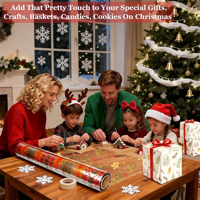 SYOGUA Clear Cellophane Wrap with Christmas Designs, 100 Ft x 34 In Extra Wide Cellophane Roll Christmas Cellophane Paper for Gifts, Baskets, Treats, Candies, Favors, Decoration