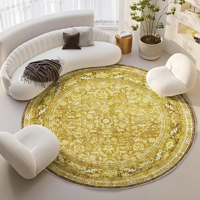 OPPODREAM Vintage Yellow Round Rug 6ft, 6 ft Retro Washable Circle Rug Non Slip, Low-Pile Faux Wool Circular Carpet, Distressed Floor Mat for Living Room, Bedroom, Office, Dorm, Dinning Room