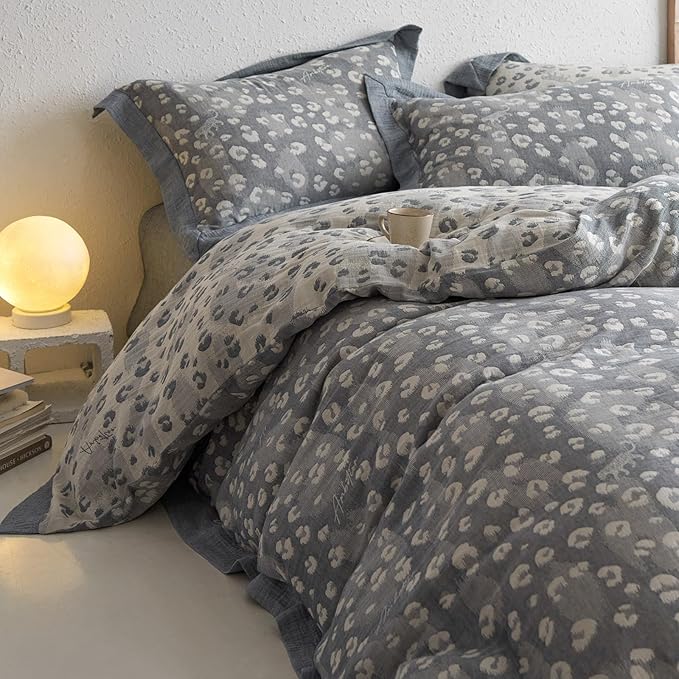 Grey Leopard Duvet Cover Set Twin XL Leopard Print Jacquard Duvet Cover with 2 Pillowcases Yarn-Dyed Linen Cotton Vintage Floral Bedding Set Wild Animal Cheetah Print Comforter Cover for Boy Girl Teen