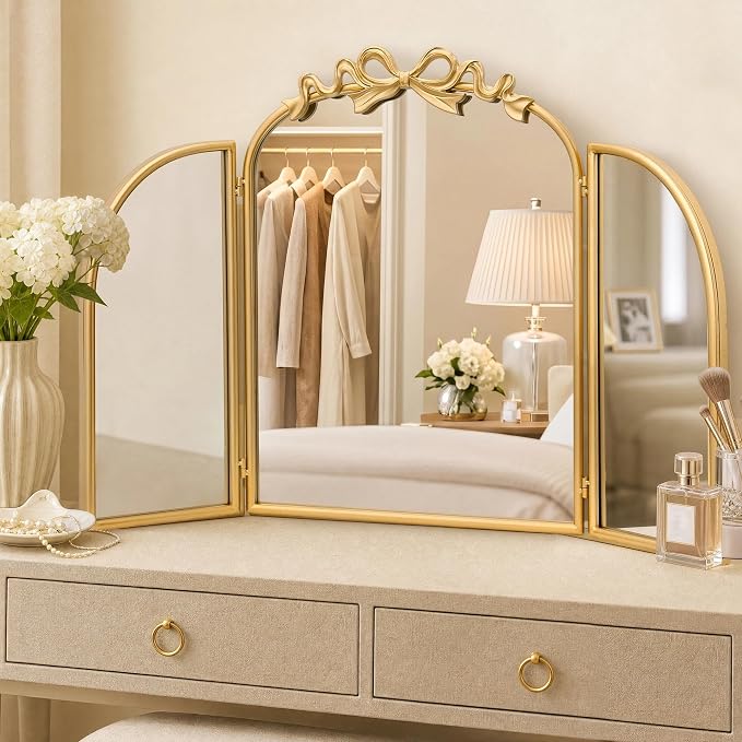 Besdomus Bow Vanity 3 Way Mirror: 36"x24" Gold Large Antique Wall Vanity Mirror - French Baroque Traditional Ornate for Bathroom/Bedroom/Living Room - Home Decor for Housewife