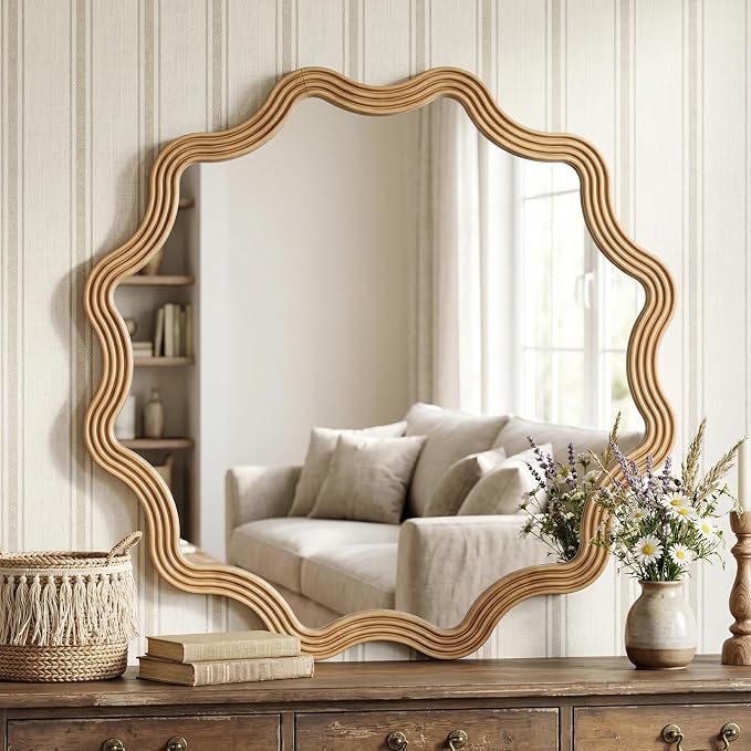 Farmhouse Wall Mirror - 31.5" Wood Frame Round Rustic Wall Decorative Mirrors, Circle Scalloped Wavy Round Boho Accent Mirror for Living Room, Bedroom, Entryway, Hallway, Fireplace (Natural)