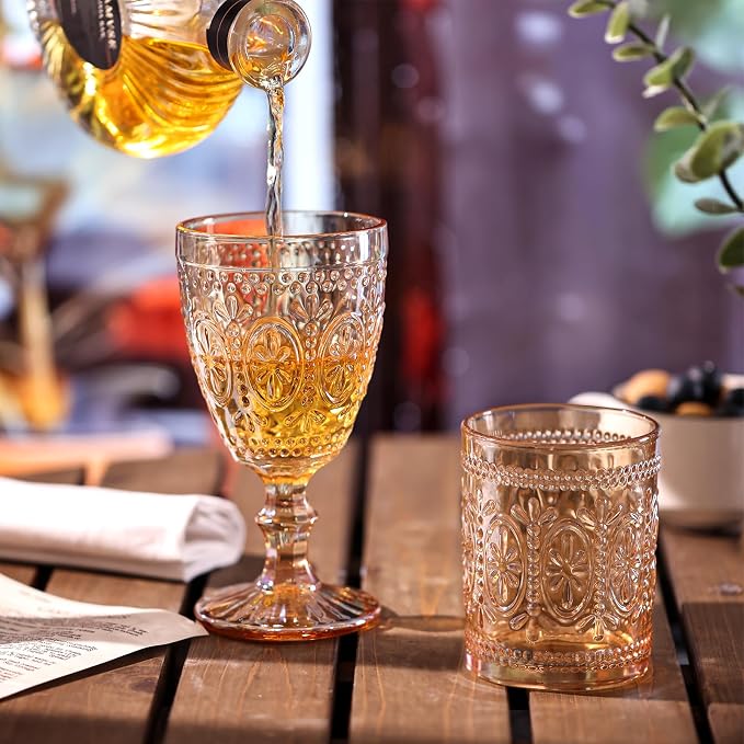 abrwyy Amber Glassware set of 4, Vintage Drinking Glasses, 10oz Heavy Duty Glass Cups, Colored Glassware Set, Embossed Glasses Set for Party Wedding Home Office Gift