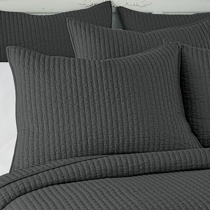 Levtex Home Cross Stitch Reversible Full/Queen Quilt Set (88x92in) with 2 Pillow Shams (26x20in) - Stitch Texture - Charcoal - Cotton Full/Queen Size Quilt Bedding Set - Lightweight, Soft, Pre-Washed