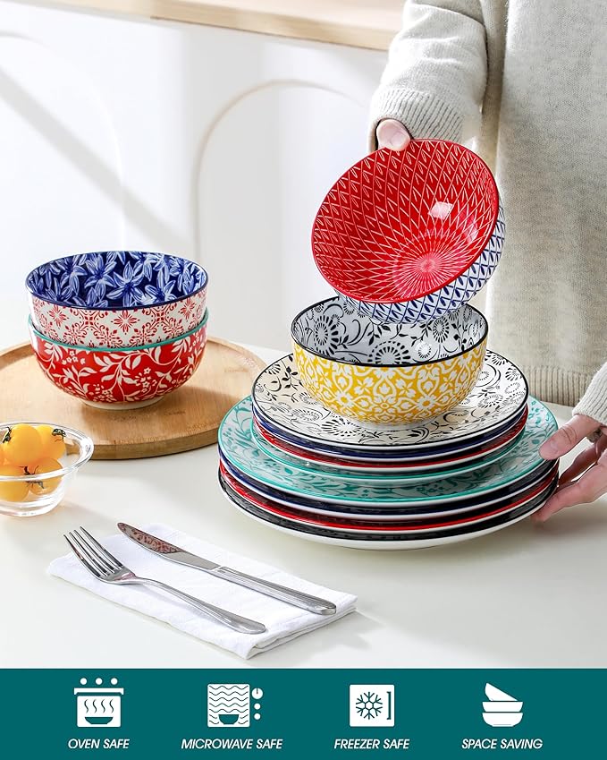 vancasso SELENE Plates and Bowls Set for 4, 12 Pieces Dinnerware Sets, Mircowave and Dishwasher Safe Dishes Set, Porcelain Muted Dinnerware