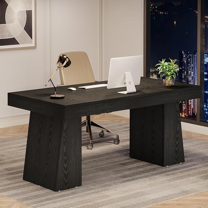 Tribesigns 55 Inches Executive Desk, Mid-Century Modern Home Office Desk, Wood Computer Desk Business Workstation Desk Small Conference Table, Black
