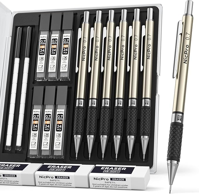 Nicpro 0.7 mm Art Mechanical Pencils Set, 6 PCS Metal Drafting Pencil 0.7mm Tube HB Lead Refills & 18 Cap Eraser for Adults, Children, Artist Writing, Drawing, Sketching, Black