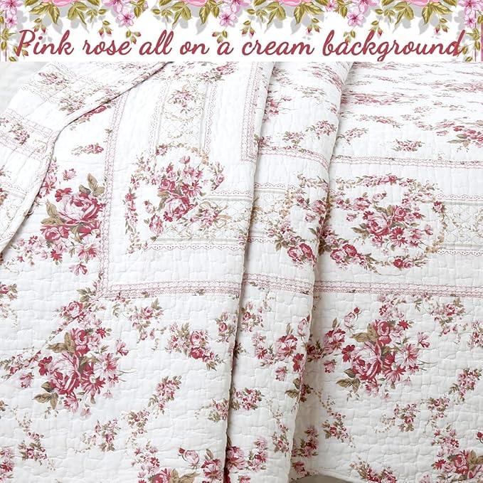 Cozy Line Home Fashions 100% Cotton Quilt Bedding Set, Pink Floral Reversible Coverlet Bedspread (Vintage Rose, King - 3 Piece)