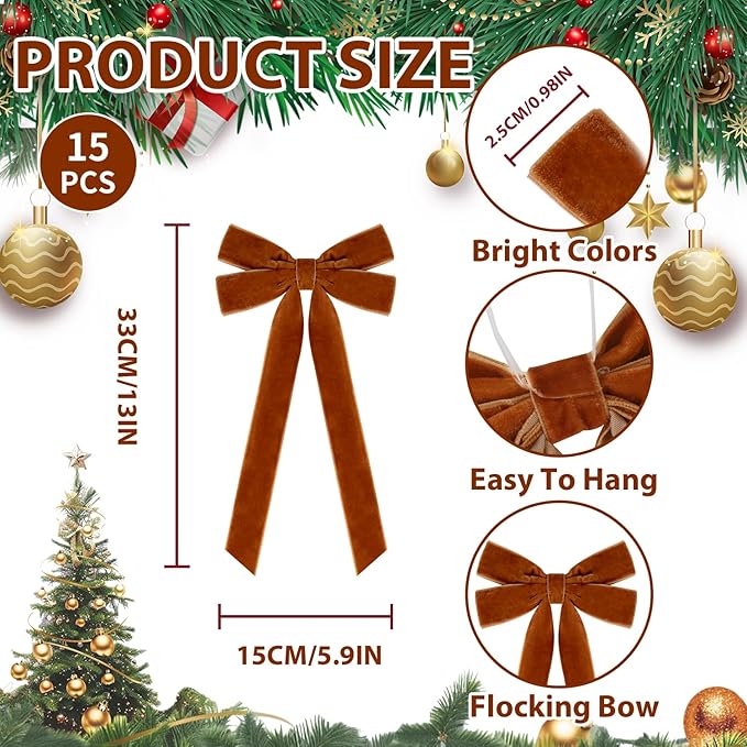 JOICEE 15Pcs Velvet Christmas Bows, 5 x 12 Inch Christmas Tree Wreath Bows Vintage Rustic Ribbon Bows for Garland Home Decorations Xmas Wedding Holiday Indoor Outdoor Decor(Brown)