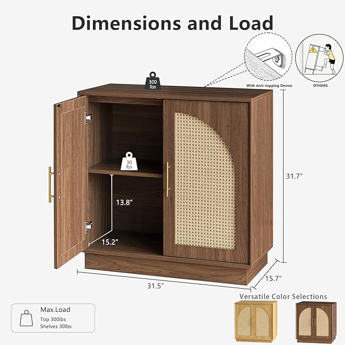 FORTUNETEC Sideboard Buffet Cabinet with Storage Set of 2, Modern Accent Cabinet with Rattan Arched Doors, Modular Media Console, Boho Credenza for Living Room Kitchen Dining Room Entryway, Walnut