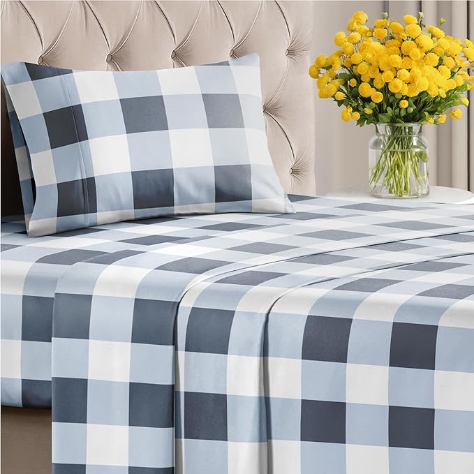Blue Gingham Bed Sheet Set – 1 Flat & 1 Fitted Sheet & 1 Pillowcase w/ Deep Pockets – Grid, Plaid, Checkered Pattern Bedding - Wrinkle & Fade Resistant - Soft, Breathable and Cooling - Twin XL Size