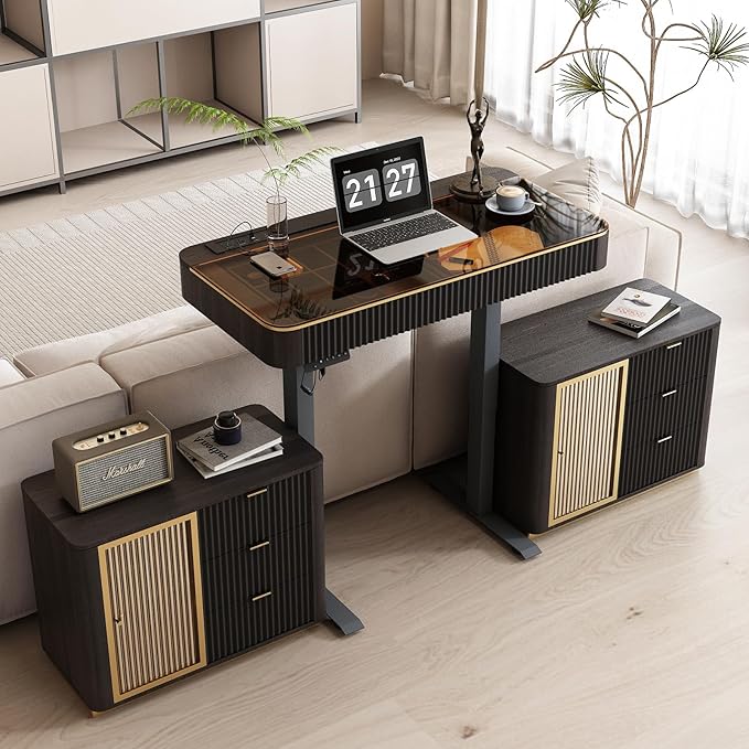 Lartis Office Desk, Electric Standing Desk with Built-in Outlets, Tempered Glass Top Modern Office Computer Desk with 2 Side cabinets (Black Brown, 50)