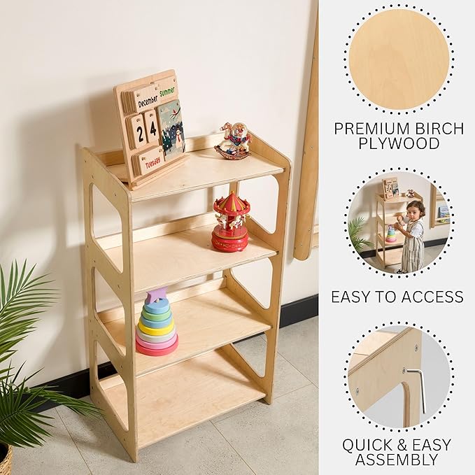 Montessori Bookshelf for Toddlers Solid Wood Toy Storage Shelf Organizer for Playroom and Classroom Floor Bookshelf for Kids Room (Natural, 4-Shelves)