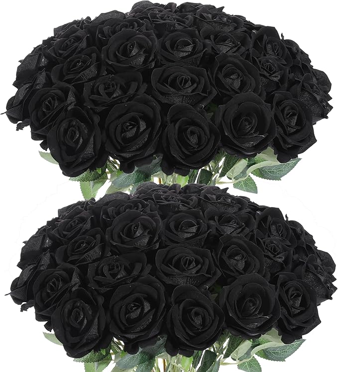 50Pcs Black Roses Artificial Flowers Fake Rose Faux Velvet Silk Flowers for Home Wedding Decoration (Pearl Roses, Pure Black)