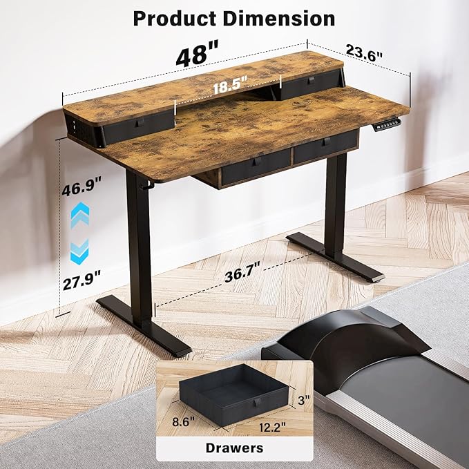Electric Standing Desk with 4 Drawers 48''x 24'' Adjustable Height Sit to Stand Up Desk with Storage Shelf, C-Clamp Mount Compatible Black Home Office Desks Computer Gaming Table Ergonomic Workstation