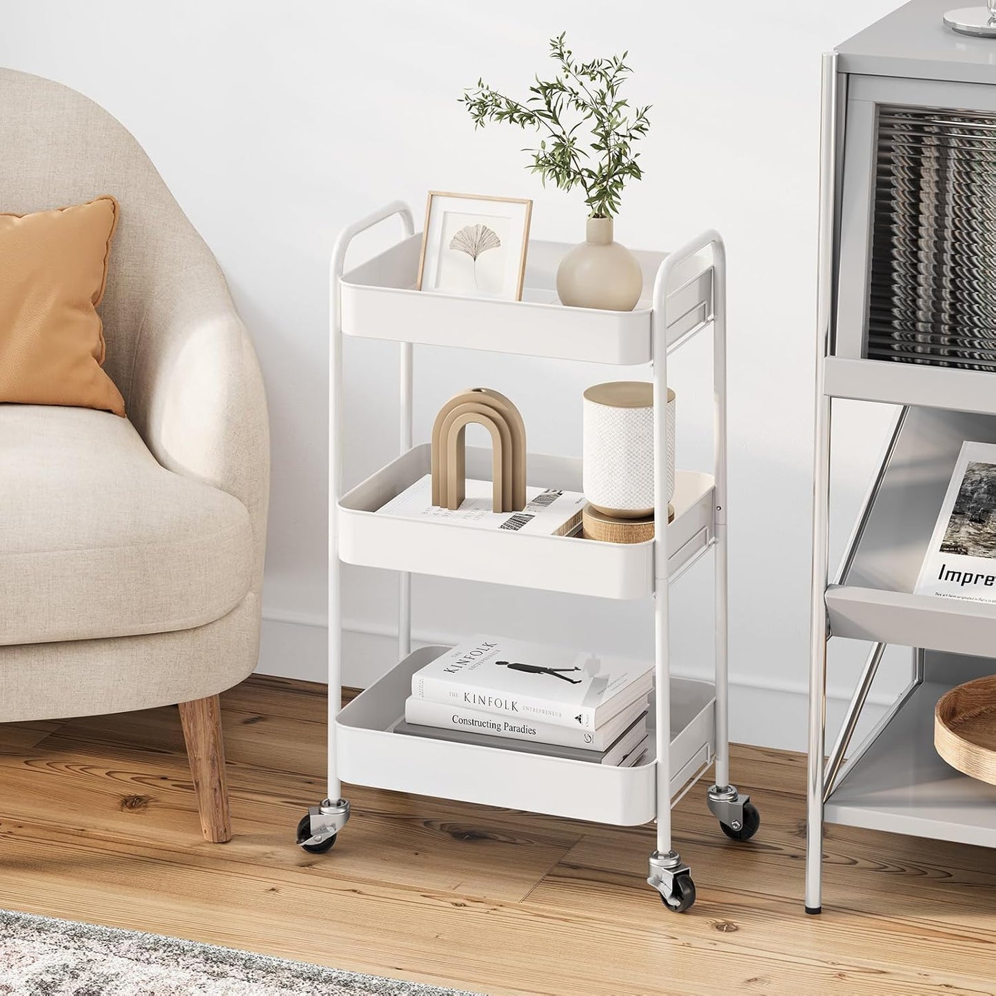 TOOLF 3-Tier Rolling Cart - Metal Utility Storage Organizer with Lockable Wheels | Easy Assembly, White