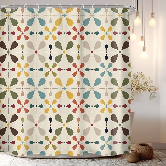 Boho Mid Century Shower Curtain Bathroom Set 71Wx71H Inches Modern Abstract Bohemian Vintage Colourful Geometric Retro Bath Accessories Water Drop Art Home Decor Fabric 12 Pack Hooks