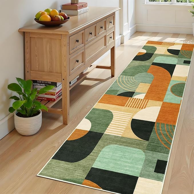 2x8 Runner Rugs, Boho Geometric Print Washable Hallway Runner Long Entryway Rug Soft Low Pile Non-Slip Kitchen Rug Runners for Bedroom Laundry, Green Multi, 2'x8'