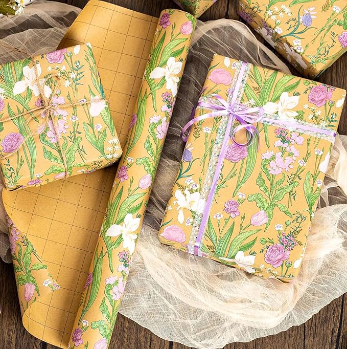 MAYPLUSS Kraft Floral Wrapping Paper Roll - 17Inch x 33Feet - Colorful Watercolor Boho Forest and Garden Flower Gift Wrap Green Wedding Gift Wrap for Birthday, Mothers Day, Bridal Shower, Engagement