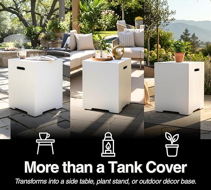 HillAethel 16-Inch Propane Tank Cover,20 LB Outdoor Tank Storage Hideaway Side Table for Gas Fire Pits,Light Concrete Tank Holder,White