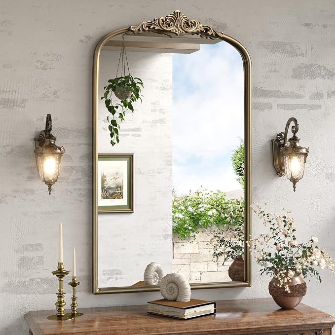 Arched Antique Gold Wall Mirror, 24"x40" Vintage Gold Bathroom Wall Mirror Over Sink, Ornate Arch Bronze Mirrors for Living Room, Fireplace, Entryway, Vanity, Hanging or Leaning