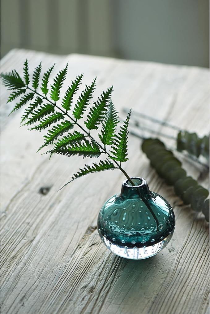 CONVIVA Bud Vase Green Glass Vase Flower Art Diffuser for Reed Idea Modern Handcrafted Small Tabletop Fall Decor Arrangement 4.2" H