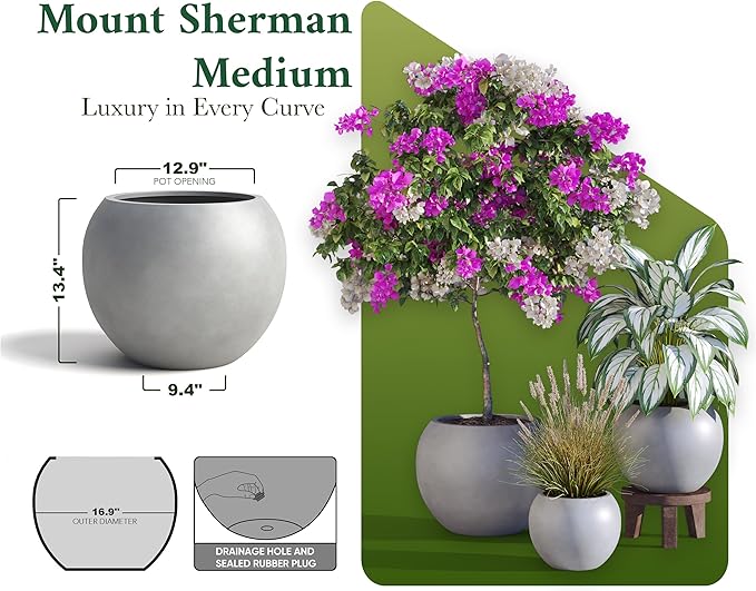 DTY Signature Mount Sherman Modern Indoor Outdoor Fiberstone Sphere Planter, Durable Round Garden Pot, Weather Resistant, Drainage Hole & Rubber Plug, Planter for Christmas Tree - Medium, Gray
