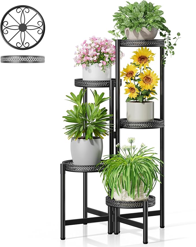5 Tiered Tall Plant Stand Indoor Outdoor, Metral Plant Shelf for Corner Display Rack, Multi-Tier Folding Planter Pot Holder Flower Stand for Living Room Balcony Garden Patio - BlackS