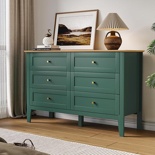 6 Drawers Green Dresser for Bedroom, 47" Wide Wood Modern Chest of Drawers, Shaker Style, Modular Dresser TV Stand for Bedroom, Living Room, Hallway (Green)