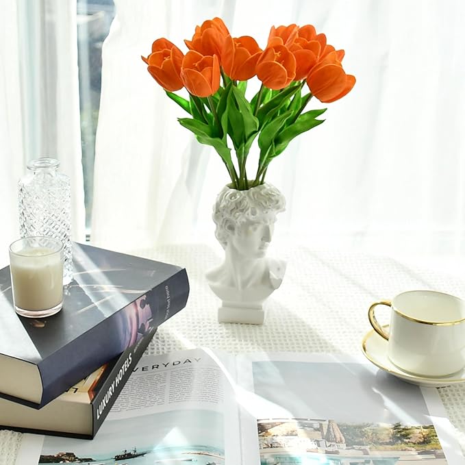Mandy's Artificial Tulips 12 Stems Orange Partially Open PU Faux Flowers for Wedding Home Decor 13.5 Inch