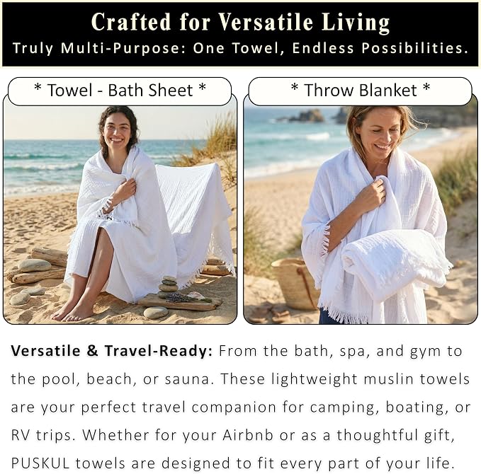 PÜSKÜL - Premium 2-Piece Oversized Muslin Bath Towel for Adult 35x70 Extra Large Bath Sheets | Natural 100% Turkish Cotton Soft Absorbent Quick-Dry Lightweight Spa & Beach Towels (Pack of 2, White)
