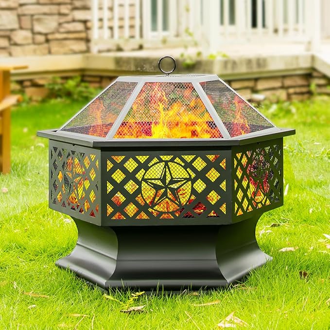 Panovue 28 Inch Hex-Shaped Fire Pit,Wood Burning Fire Pits for Outside with Spark Screen&Poker,Metal Hexagon Outdoor Firepit for Backyard,Bonfire,Patio,Party,Garden,Picnic and Camping(28'' Black)