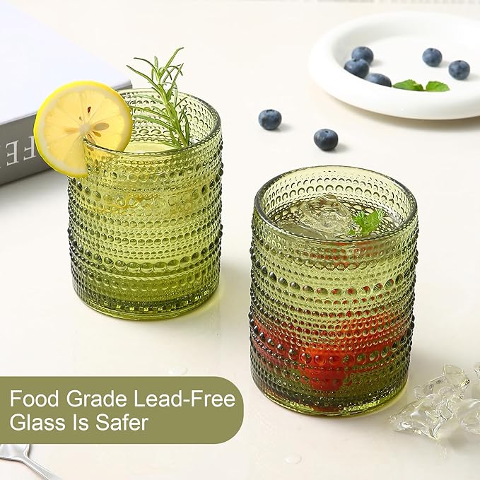 ZMOWIPDL Vintage Glassware Drinking Glasses Set of 6,12 oz Hobnail Glass Cups,Embossed Green Water Tumbler,for Beer,Cocktail,Whiskey,Juice and Various Mixed Drinks- 1 Cleaning Brush