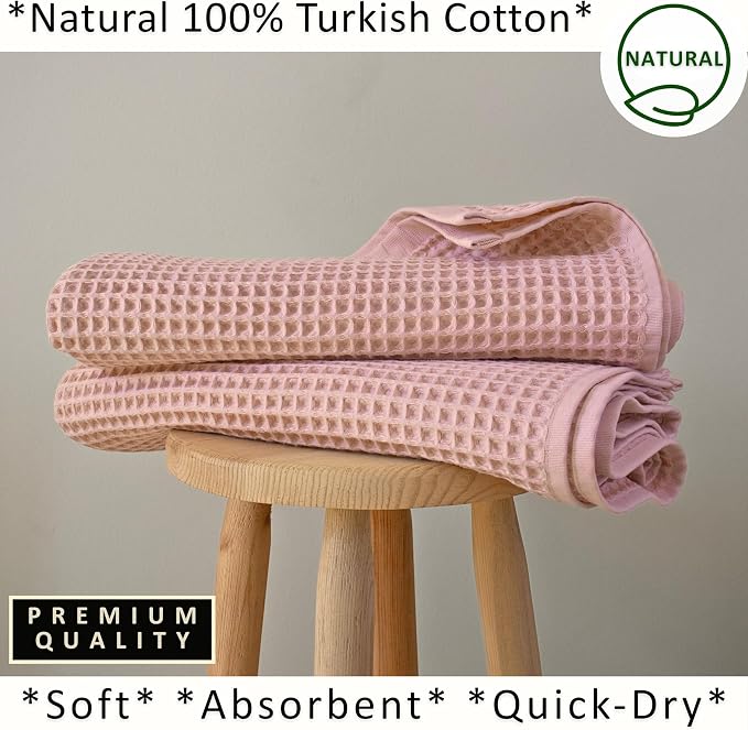 PÜSKÜL Natural 100% Turkish Cotton Waffle Bath Towels Set of 2-Piece | 32x63 inch Extra Large Absorbent Quick-Dry Lightweight Spa Towel | Luxury Sauna Accessories (Pink Powder Bath Towels - Pack of 2)
