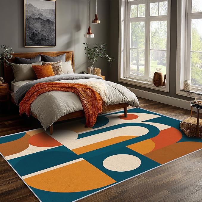 Mid Century Area Rug 5x7, Home Decor | Deep Teal Terracotta Arch Blocks, Retro Geometric Rug for Living Room, Bedroom, Home Office, Non Slip, Washable, Low Pile
