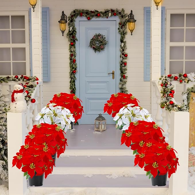 Artificial Poinsettia Flowers - 14Inch Faux Christmas Plant, Cream Winter Flowers for Indoor/Outdoor Xmas Ornament, Porch & Home Garden Decorations