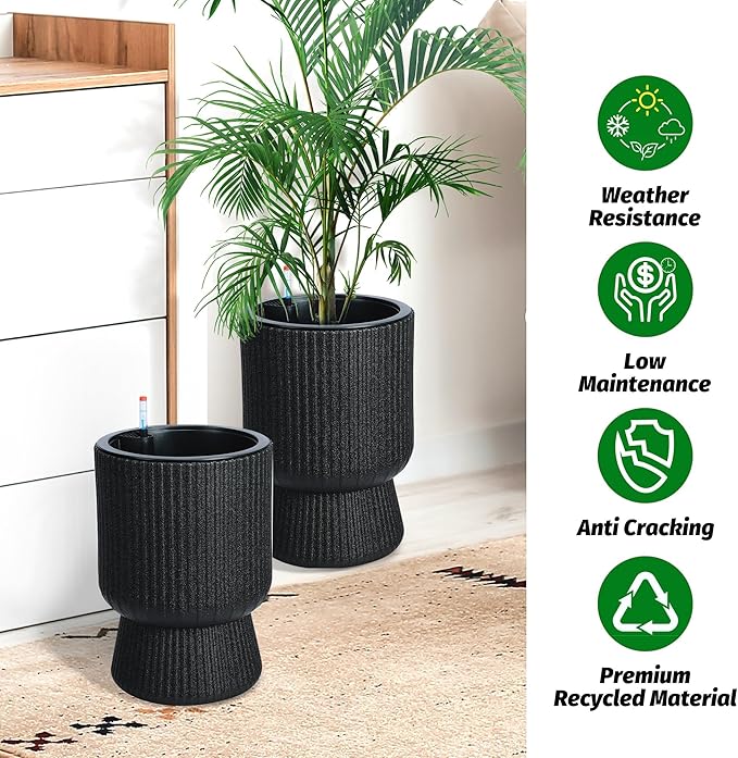 14.2" Tall Planters Set of 2, Plant Pots, Self Watering Pots for Indoor Plants, Flower Pots with Built-in Drainage and a Water Level Monitor, for Patio, Porch, Living Room, or Office, Black