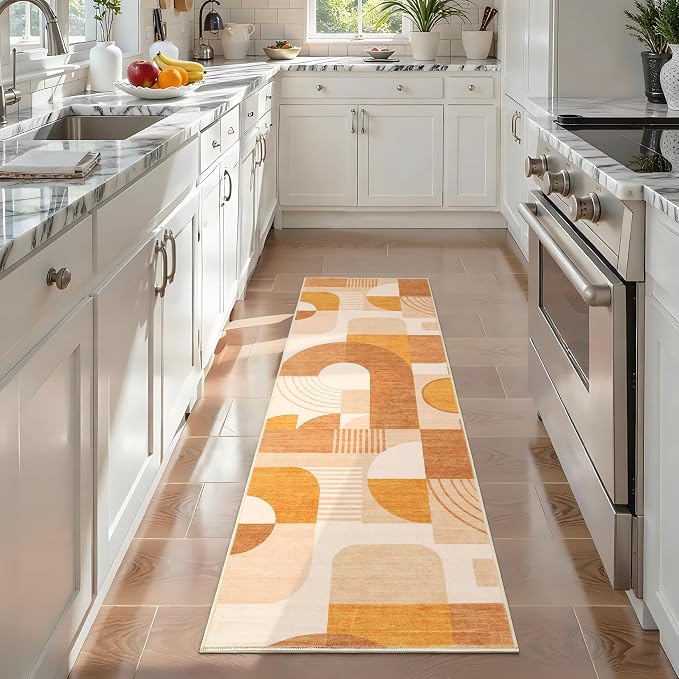 Runner Rugs 2x6, Boho Geometric Print Washable Hallway Runner Long Entryway Rug Soft Low Pile Non-Slip Kitchen Rug Runners for Bedroom Laundry, Orange Multi, 2'x6'