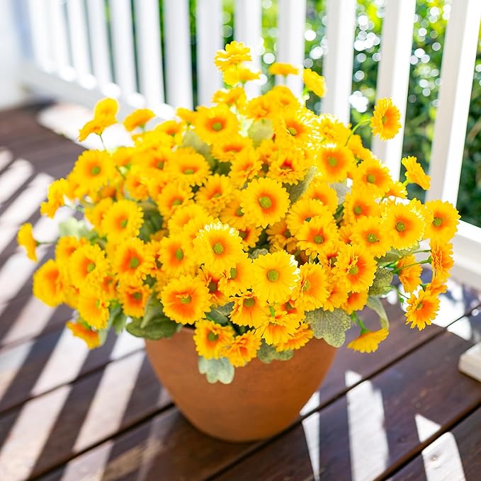 HyeFlora Dahlia Artificial Winter Flowers for Outdoors Decoration, 6 Bundles Fake Daisy Yellow Outdoor Faux Flower Plants Realistic UV Resistant Silk Flowers for Outside Planter Front Door Yard Garden