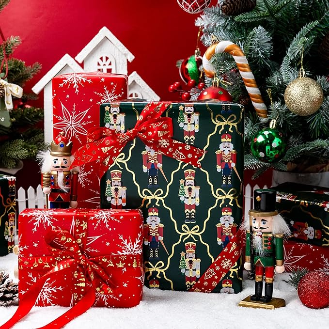 MAYPLUSS Christmas Wrapping Paper Roll - 17IN X 33FT - Green Gift Wrapping Paper Featuring Nutcracker Christmas Tree Bow Reversible Snowflake for Kids, Holiday, New Year
