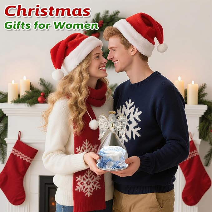 Yamonic Birthday Gifts for Mom Women, Angel Figurines with Real Rose Gifts for Her Mom Grandma, Mothers Day Preserved Flowers Rose for Christmas Valentine's Day (White+Blue)