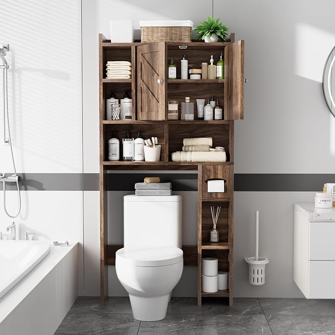 Over the Toilet Storage Cabinet, Freestanding Storage Cabinet Over Toilet, Bathroom Storages Organizer Cabinets with Toilet Paper Holder Stand and Adjustable Shelf, Walnut