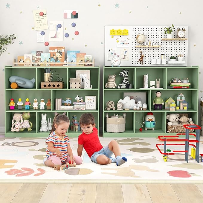 HONEY JOY Kids Toy Storage Organizer, 8-Section Storage Daycare Shelf for Preschool, Children 3-Tier Open Wooden Display Book Shelf Organizer for Classroom, Playroom & Nursery, Kindergarten (Green)