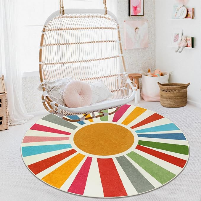 STARUIA Boho Washable Rug 5 Ft Round Area Rug for Bedroom, Rainbow Circle Kids Rugs for Office, Non-Slip Circluar Carpet Soft Sunshine Rugs for Dorm Nursery Sofa Living Room Corner