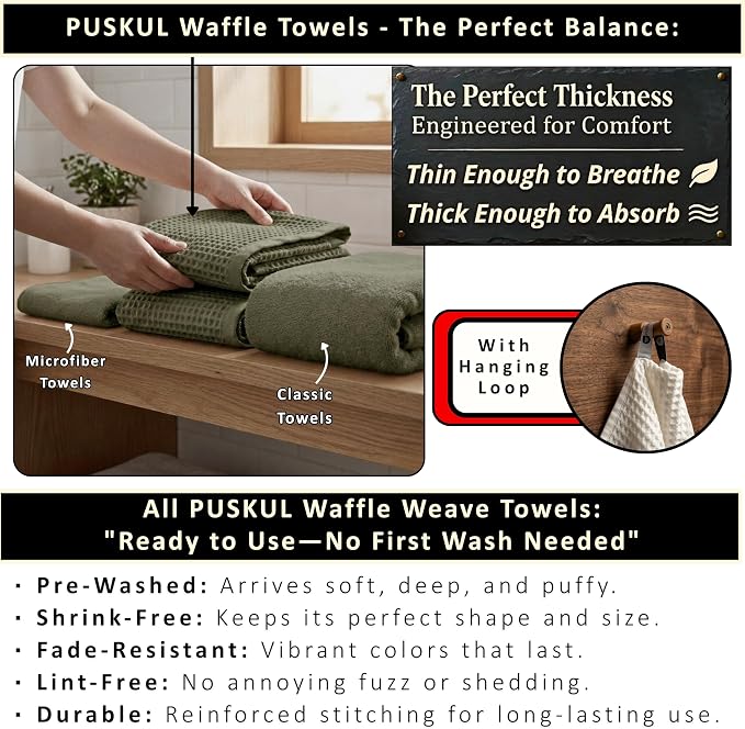 PÜSKÜL Natural 100% Turkish Cotton Waffle Bath Towels Set of 2-Piece | 32x63 inch Extra Large Absorbent Quick-Dry Lightweight Spa Towel | Honeycomb Weave Towel (Khaki Green Bath Towels - Pack of 2)
