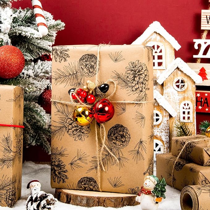 Yarcony Kraft Christmas Wrapping Paper, Pine Cone Wrapping Paper, Recycled Thick Forest Autumn Pine Cones, Botanical Brown Christmas Gift Wrap for Holiday, Thanksgiving Natural (17 Inch X 33 Feet)