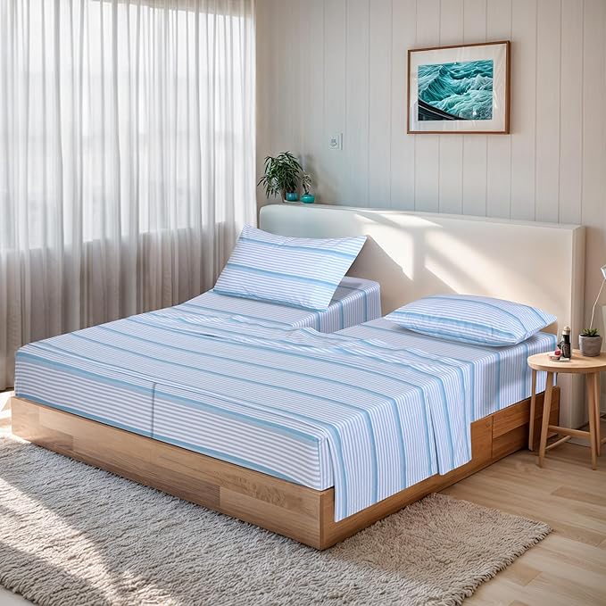 RUVANTI 100% Organic Cotton Sheets Split King, Percale Weave, GOTS Certified, 5-Piece Set, Deep Pocket 15", Crisp & Breathable, Soft Durable Bedding, Sábanas Algodón Orgánico – Nautical Stripes