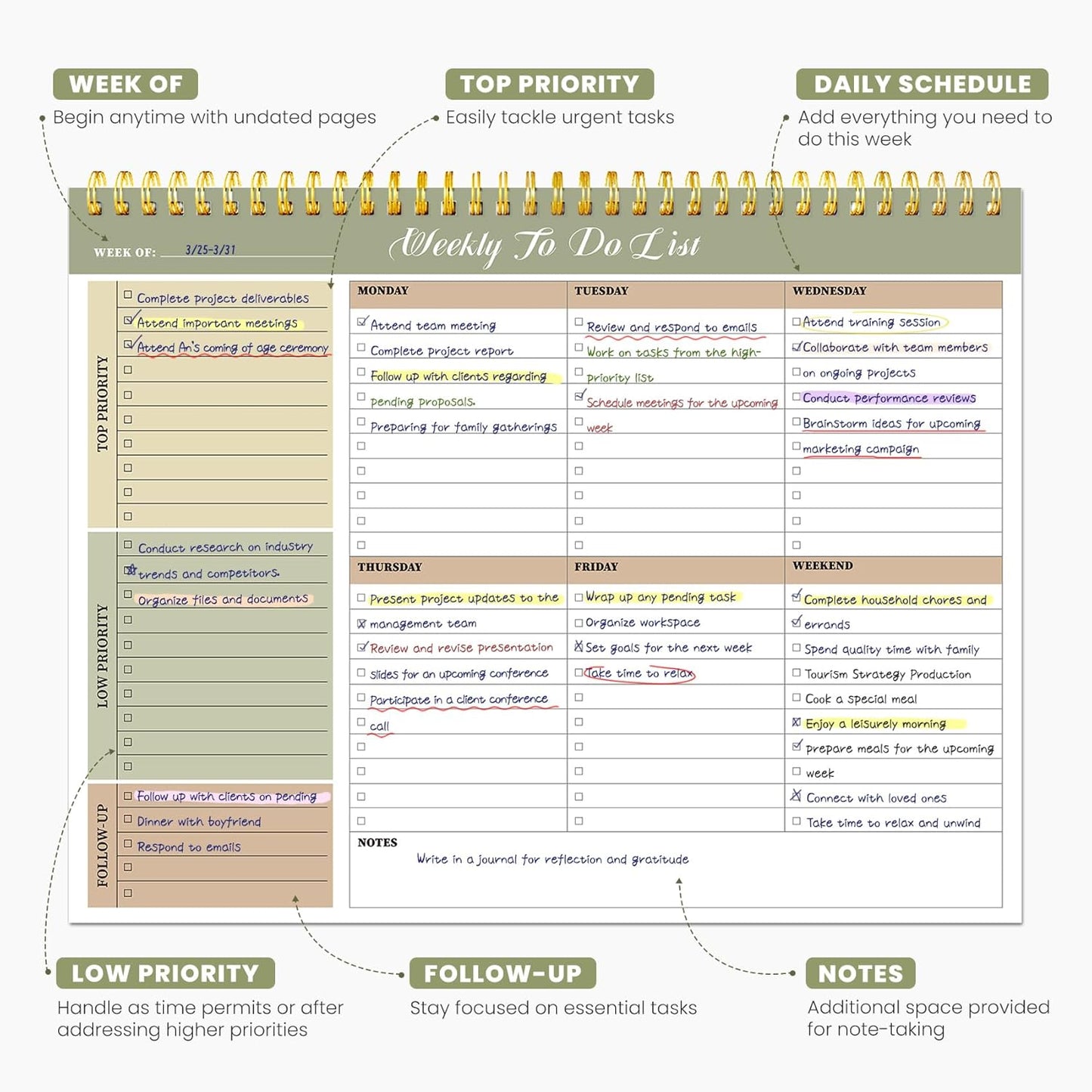 Skiennix Weekly To-Do List Notepad - 52 Undated Sheets | 8.5" x 11" | Office Desk Planner in Forest Shades